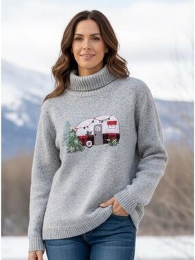 Christopher & Banks Gray Turtleneck Christmas Camper Festive Sweater Size M